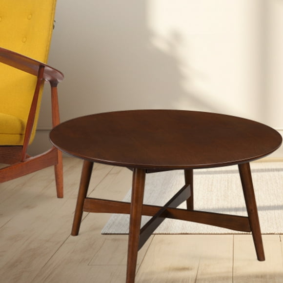 Coffee Table Round, Wood X Base Frame Cocktail Table, for Living Room, Solid Wood Table，Natural Walnut