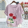 thumbnail image 5 of Women's Linen Tops Vintage Floral Printed Short Sleeve Shirts Crew Neck Button Down Pullover Tops Fashion Trendy T Shirt Casual Business Outfits Going Out Clothes Summer Outfits 2026, 5 of 5