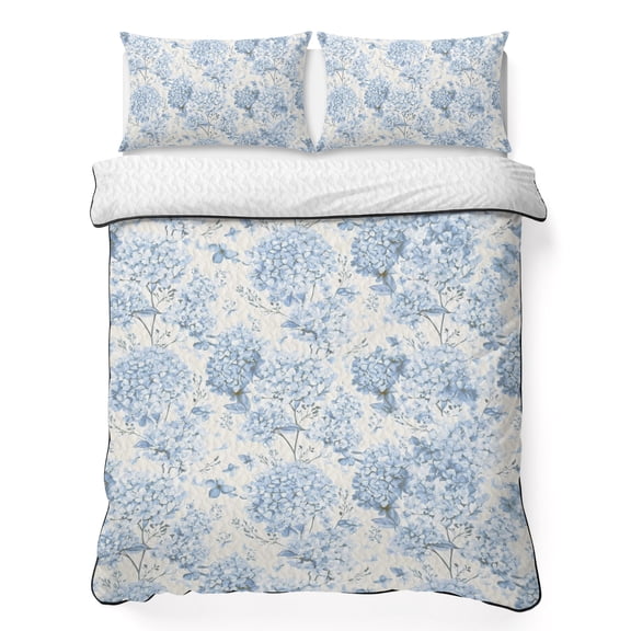 Spring Blue Flower California King Quilt Bedding Set, Hydrangeas Floral Leaf Plants Vintage Lightweight Comforter with 2 Pillow Shams Bedroom Bedspread Set Home Decor for All Seasons