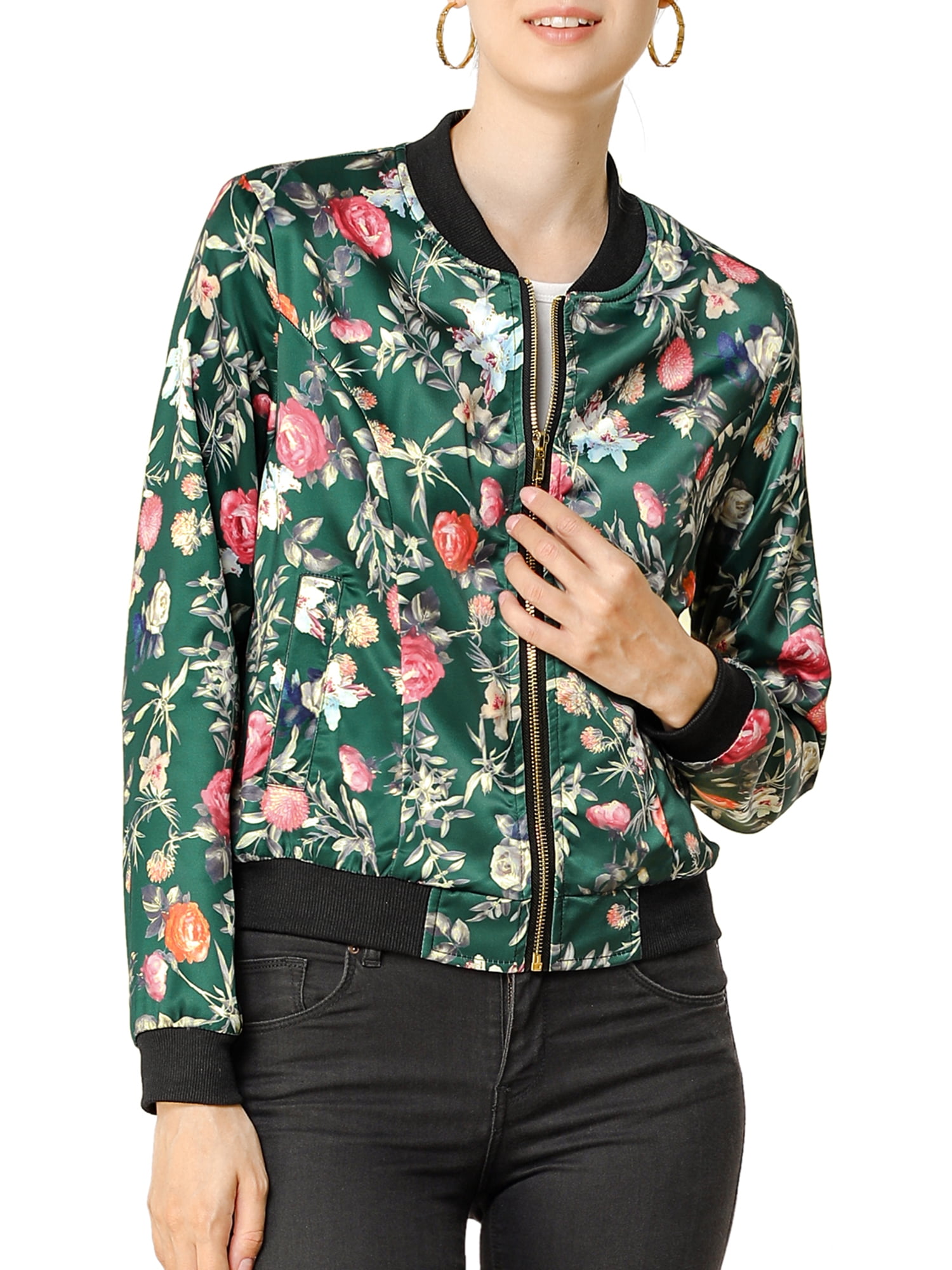 Womens Ladies Floral Camouflage Contrast Baseball Cuffed Zip Up Bomber Jacket 