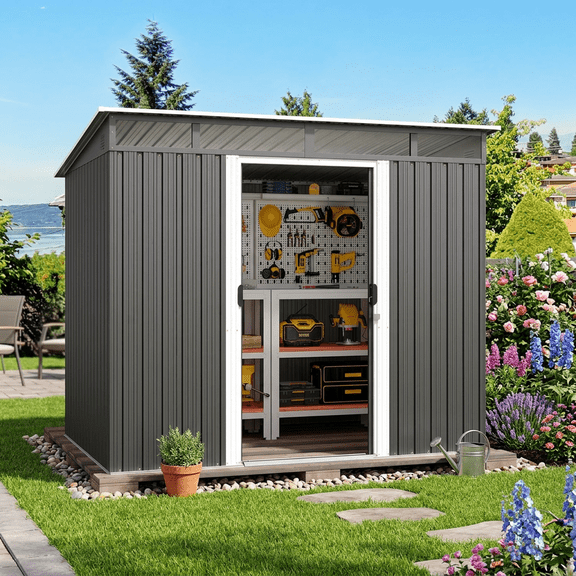 Asofer 8 x 6 FT Outdoor Storage Shed Clearance with Sliding Doors, Metal Garden Tool Shed for Yard, Patio, Gray