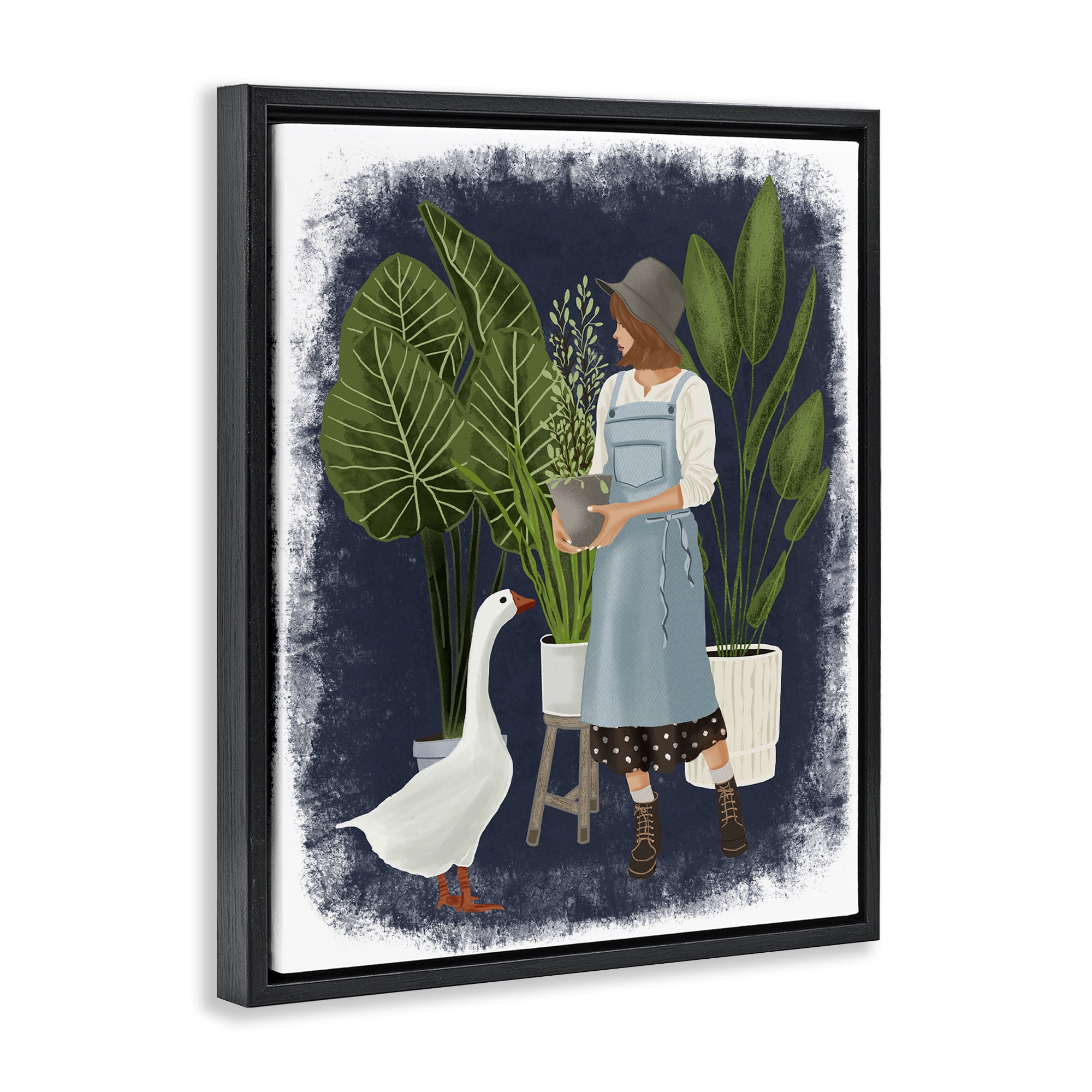 Stupell Industries Gardner Girl with Goose People Painting Black Floater Framed Canvas Art Print Wall Art, 17 x 21
