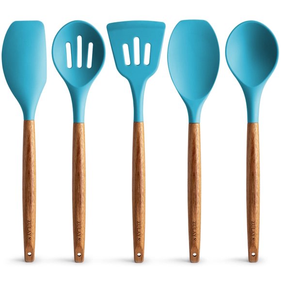 Zulay Non-Stick Silicone Utensils Set with Authentic Acacia Wood Handles - 5 Piece Silicone Cooking Utensils Set - Blue