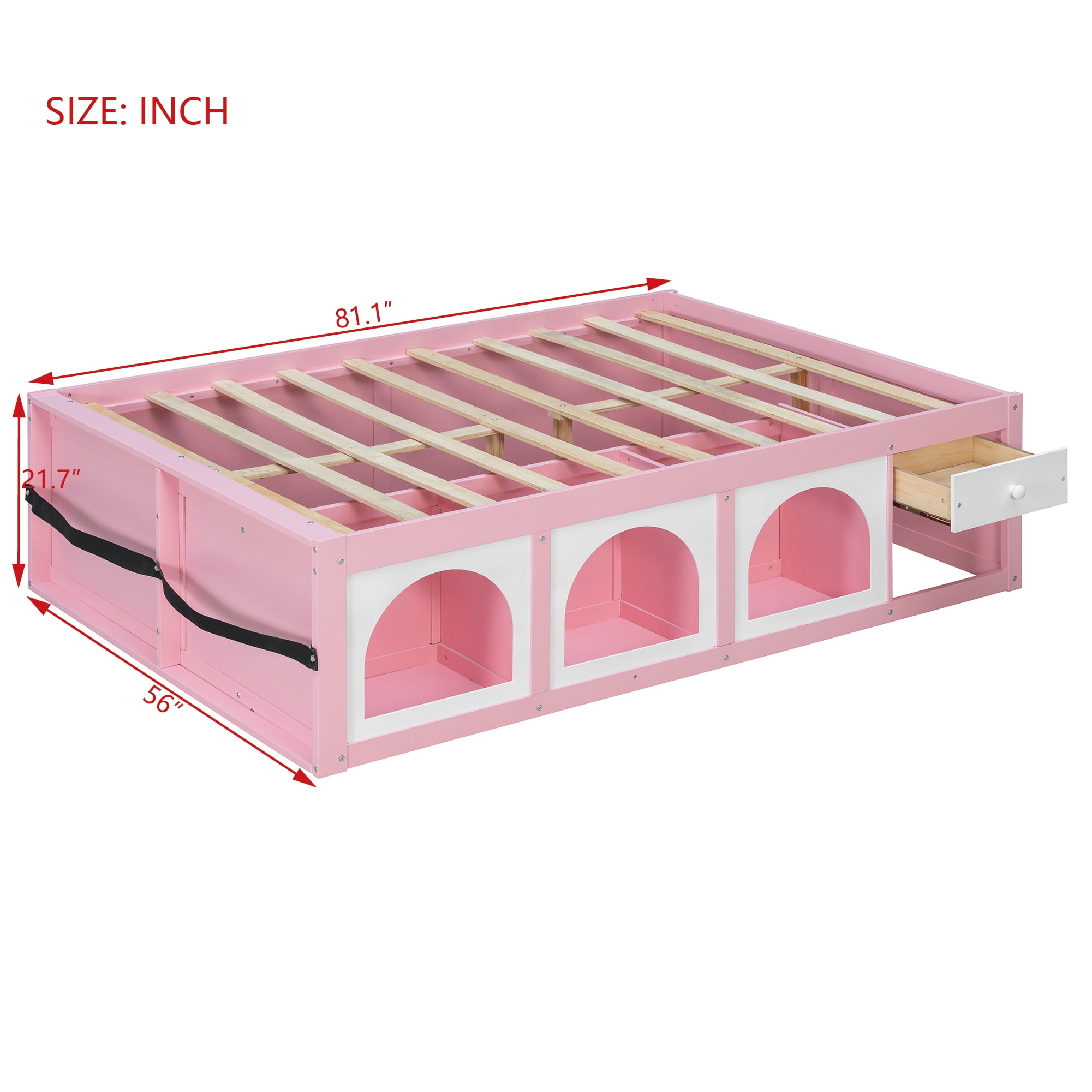 Mintazer Full Platform Bed with Bookshelf and 3 Open Cubbies & Drawer, Wooden Bed Frame with LED Light for Kids Bedroom, Pink & White