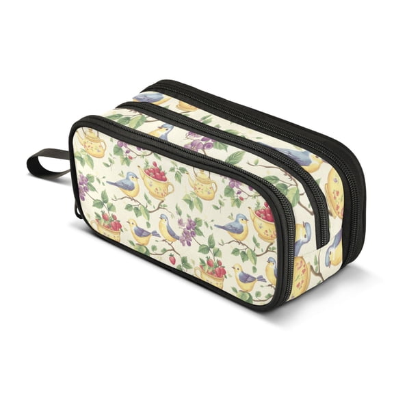 FORMRS Pencil Case with 3 Compartments Zipper Pouch, Elementary School Level and up, Birds with Strawberries