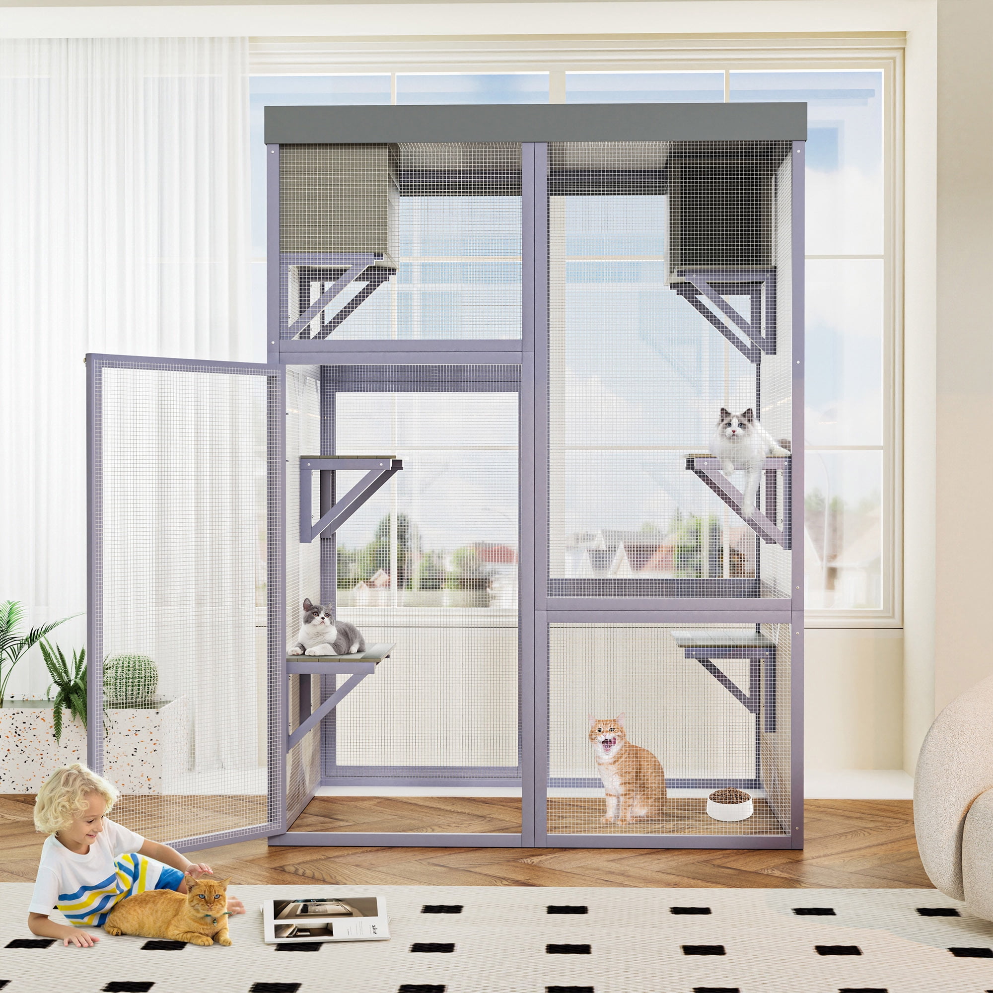 70" Catio Outdoor Cat Enclosure Indoor cage, large Wooden Cat House with Waterproof Roof, 4-Tier Playing Platforms & 2 Napping Houses with Connectable Window Door for Multiple Cats (Grey)