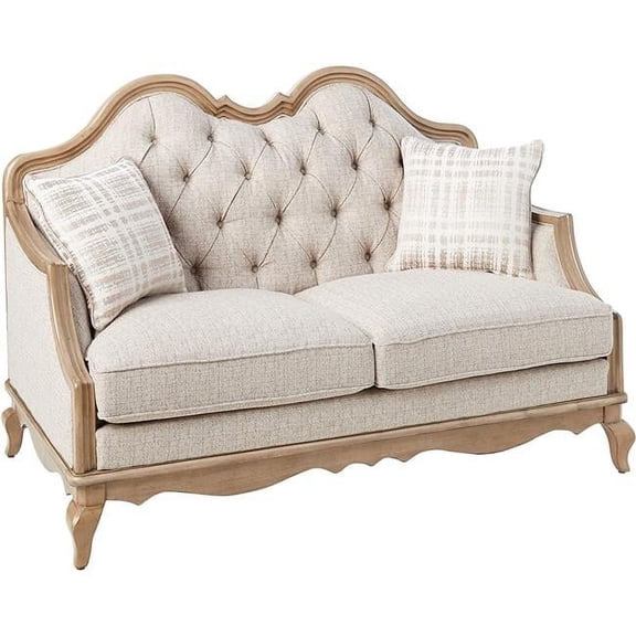62 in. Linen Love Seat & Toss Pillows, Beige & Brown