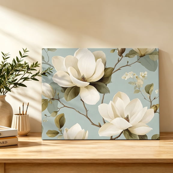 Vintage Floral Canvas Wall Art, Magnolia Flowers Branches Rustic Botanical Teal Wall Art Prints Artwork Framed Canvas Ready to Hang Art Pictures for Bathroom, Dressing Table, Entryway 12" x 8"