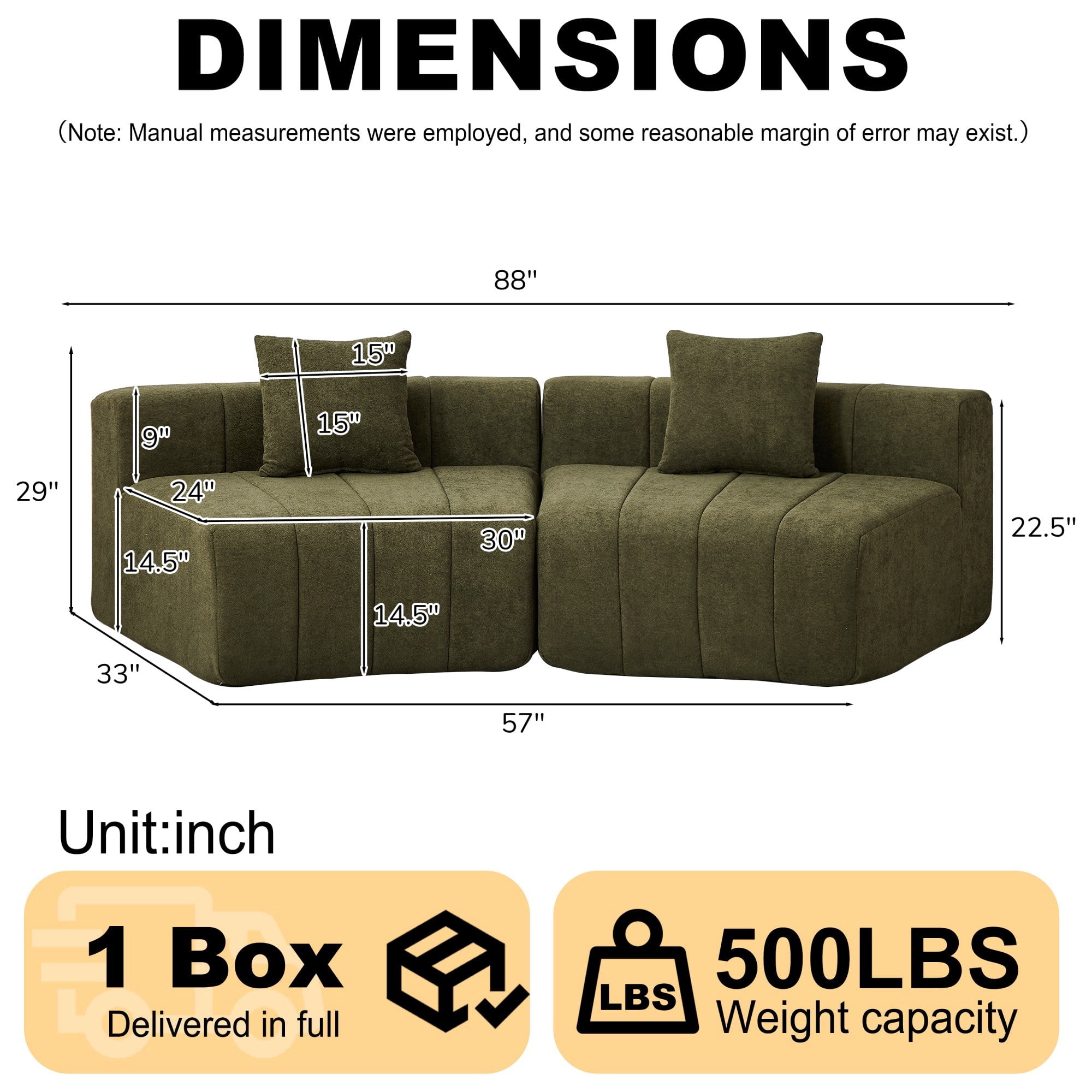 Sailvan Chenille Semi Circular Sofa Sectional, Curved Symmetrical Modular Couch with 2 Pillows for Living Room, Office, No Assembly Required Green