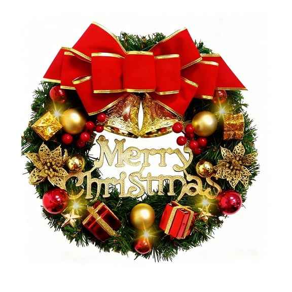Christmas Wreath for Front Door, 16" Christmas Wreaths with Lights, Artificial Christmas Wreath Decoration with Red Bow Berries Christmas Balls Golden Flower for Window Wall Christmas Home Decor