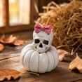 thumbnail image 3 of Resin Skull White Pumpkin Figurine With Bow Hat Decor Freestanding Tabletop Statue For Halloween Indoor Party Shelf Mantel Seasonal Home Decor.A:1Pc(3.93*4.92 in), 3 of 4