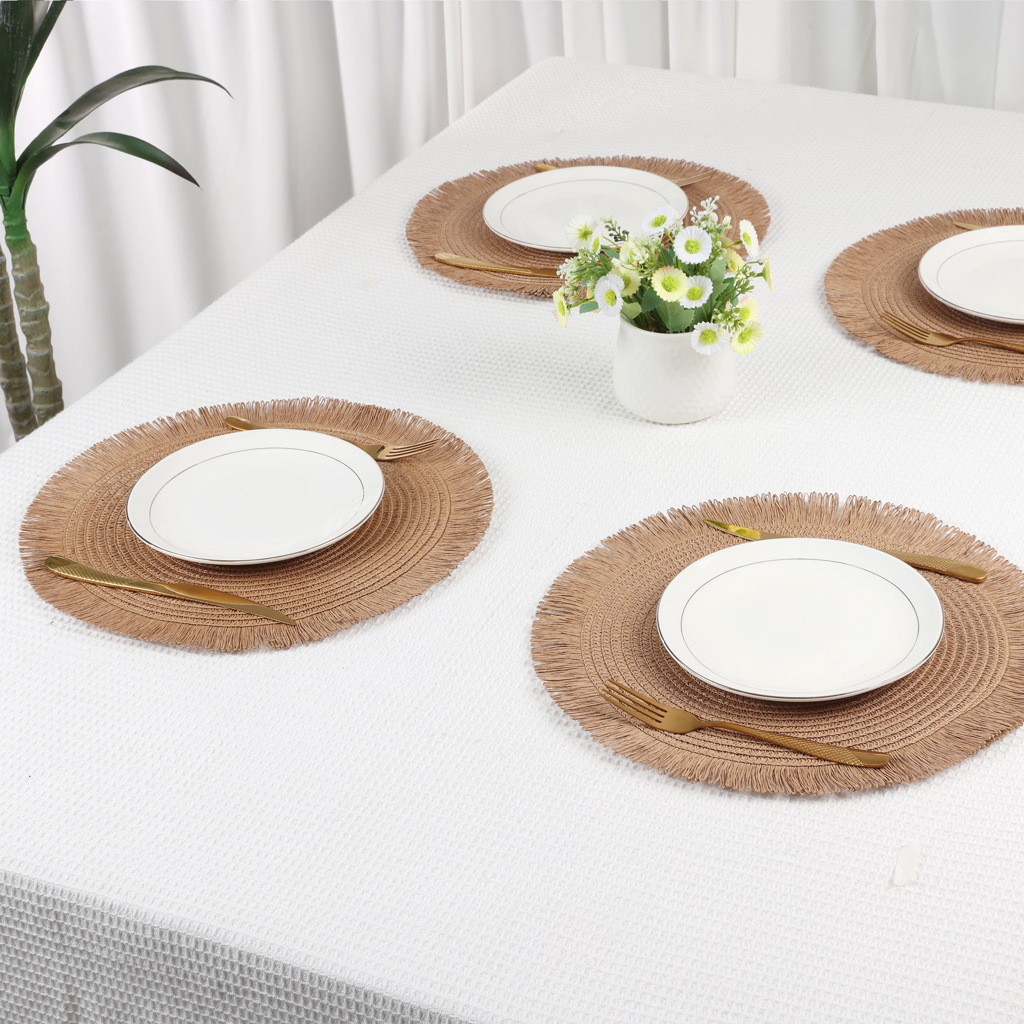 Unique Bargains Rustic Tassel Place Mats Set of 6 for Dining Table Decor Coffee 15"x15"