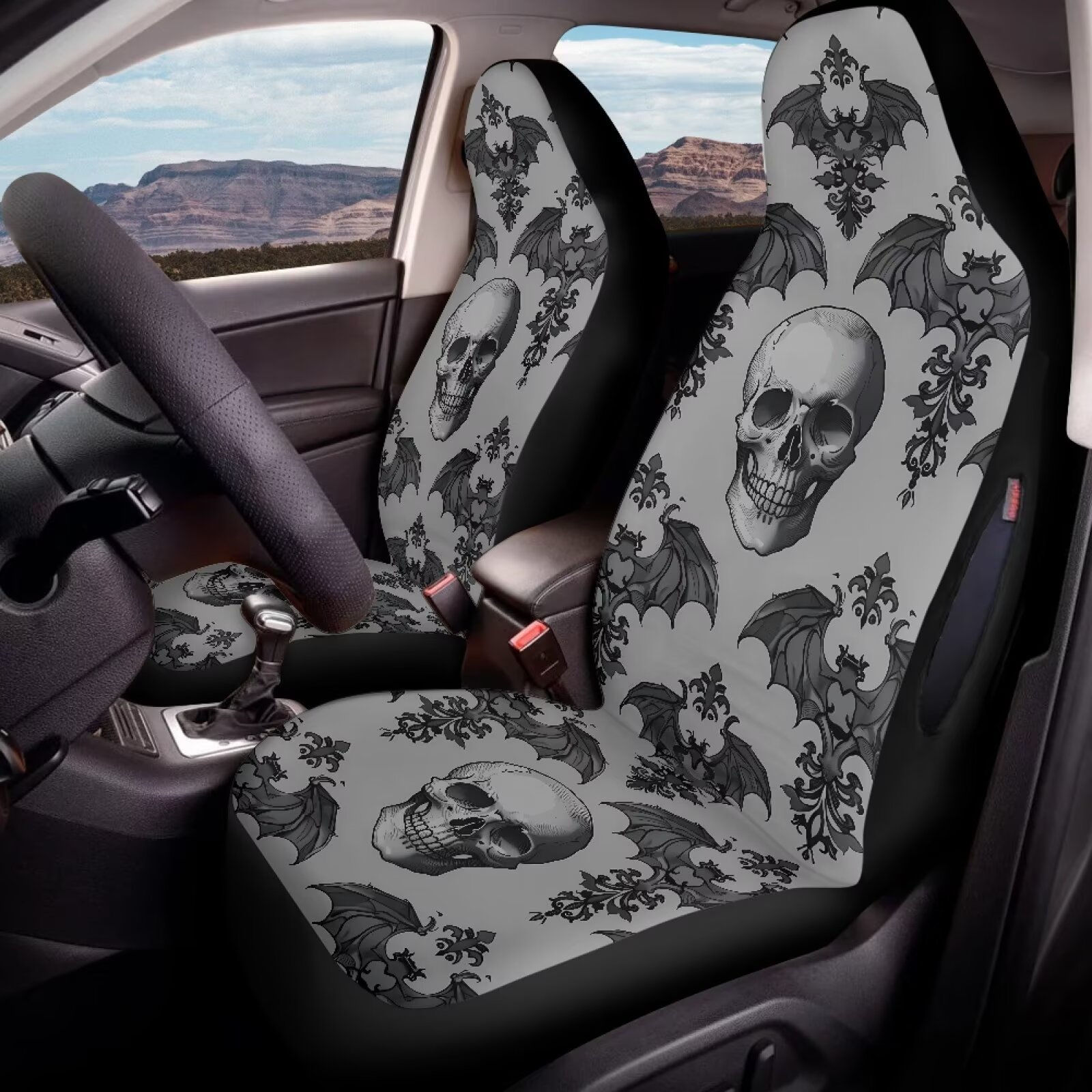 Binienty Skull Front Seat Covers for Cars Waterproof Grey Bats Automotive Seat Covers & Accessories for SUV Truck Sedan Van, Airbag Compatible Vehicle Bucket Cushion Cover, 2 Pack