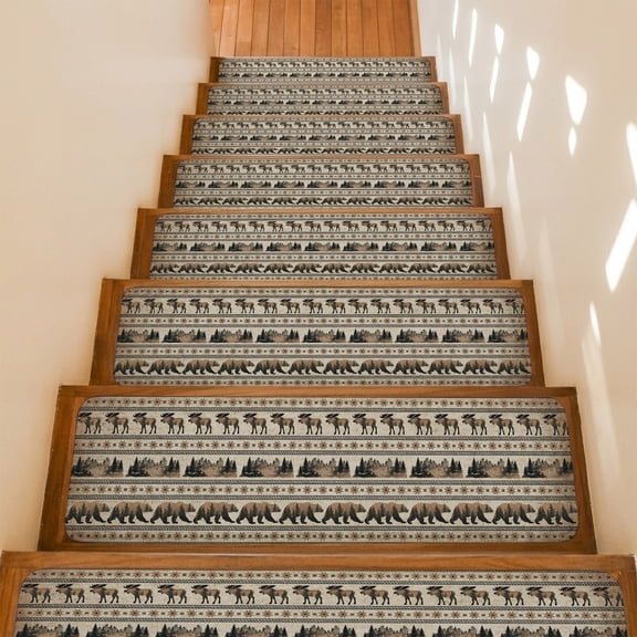 Bear Moose Stair Treads Non Slip for Steps Country Vintage Bronze Forest Pine Tree Abstract Stripe Plaid 4 Pcs Reusable Adhesive Stair Runner Mats for Dogs Elders Treads Rugs for Staircase 8x30 In