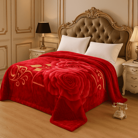 DBOZE Heavyweight Korean Mink Blanket, Ultra Soft 2-Ply Reversible Plush Fleece Bed Blanket, Warm Raschel Winter Blanket for King Size Bed Red/Gold