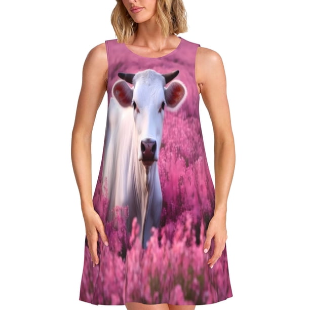 Disketp Flower Field Cow para Vestido sin Mangas para Mujeres, Vestidos de Verano para Mujeres, Casual y Holgado para la Playa