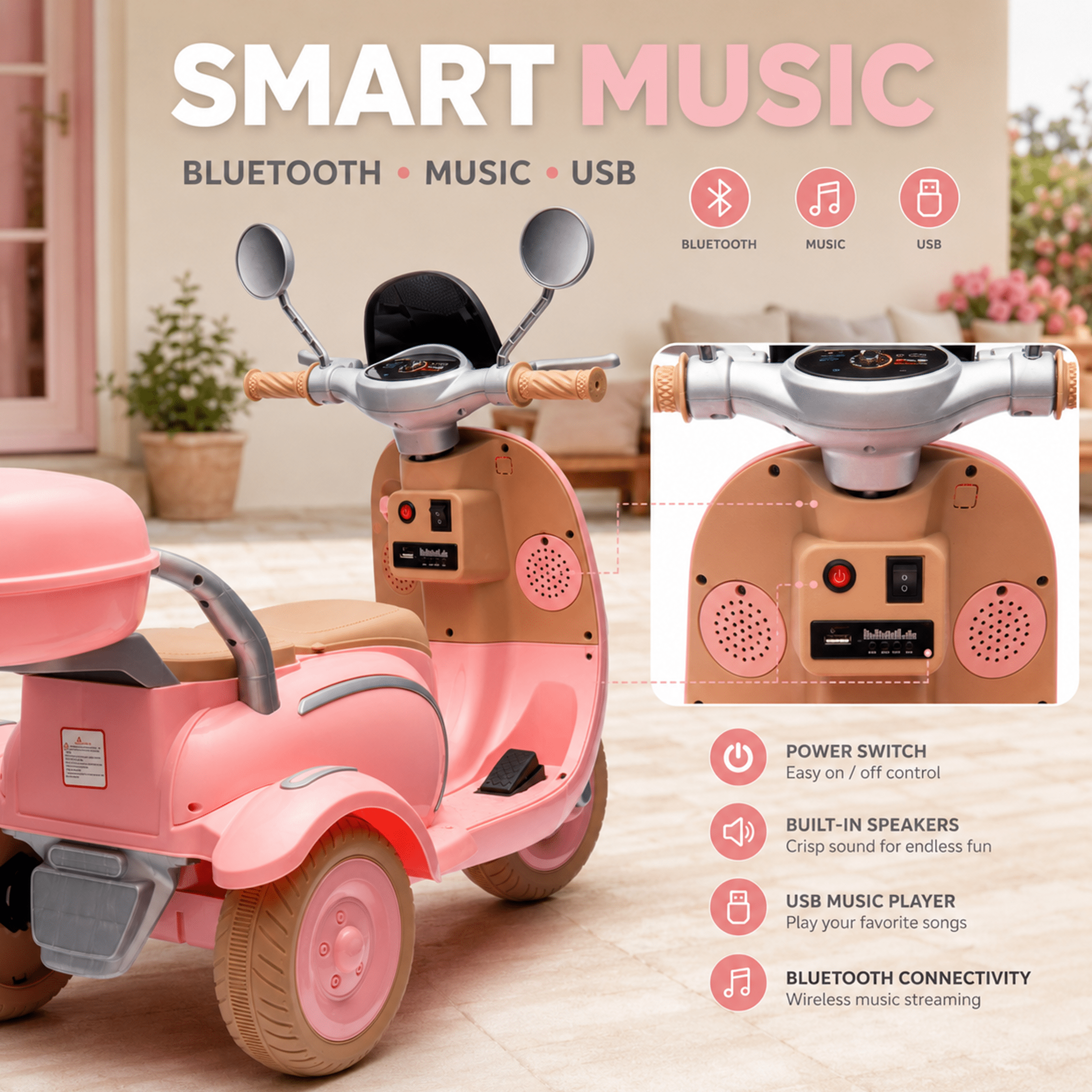 12V Electric Motorcycle for Kids, 2 Seater Battery Power Ride on Motorcycle Toys with Slow Start, LED, Music, USB, 3 Wheel Electric Motorcycle for Boy Girl Birthday Gift, Pink
