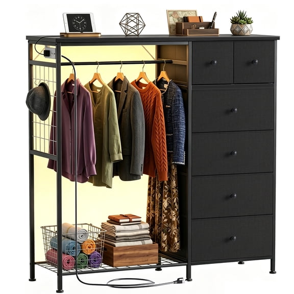 CONCETTA Dresser for Bedroom with Hanging Rack 6 Drawers Dresser, LED Lights & Charging Station, Wooden Top, Grid Panel, Black