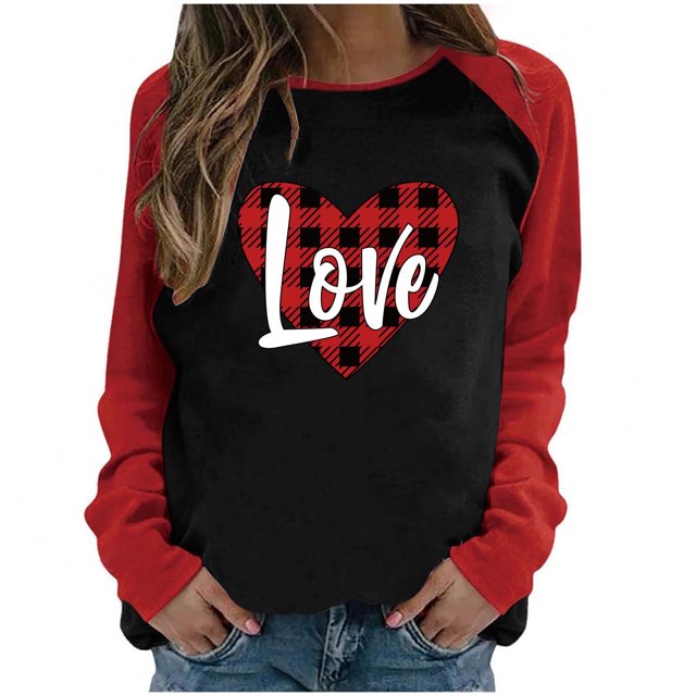 CEHVOM T-shirt à Manches Longues Col Rond pour Femmes Saint-Valentin Décontracté Raglan Contraste de Couleur Imprimé Ample Manches Longues Col Rond Blouse Liquidation