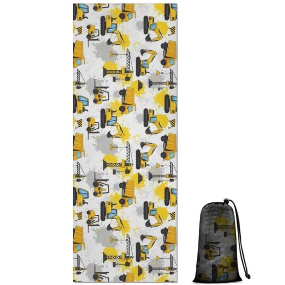 Cartoon Construction Vehicles Splashes White Pattern Hot Yoga Mat Towel Non Slip for Hot Yoga - Quick-Drying Yoga Mat Cover with 4 Corner Pockets with Travel Bag - Hot Yoga Towel Non Slip 70"x26"