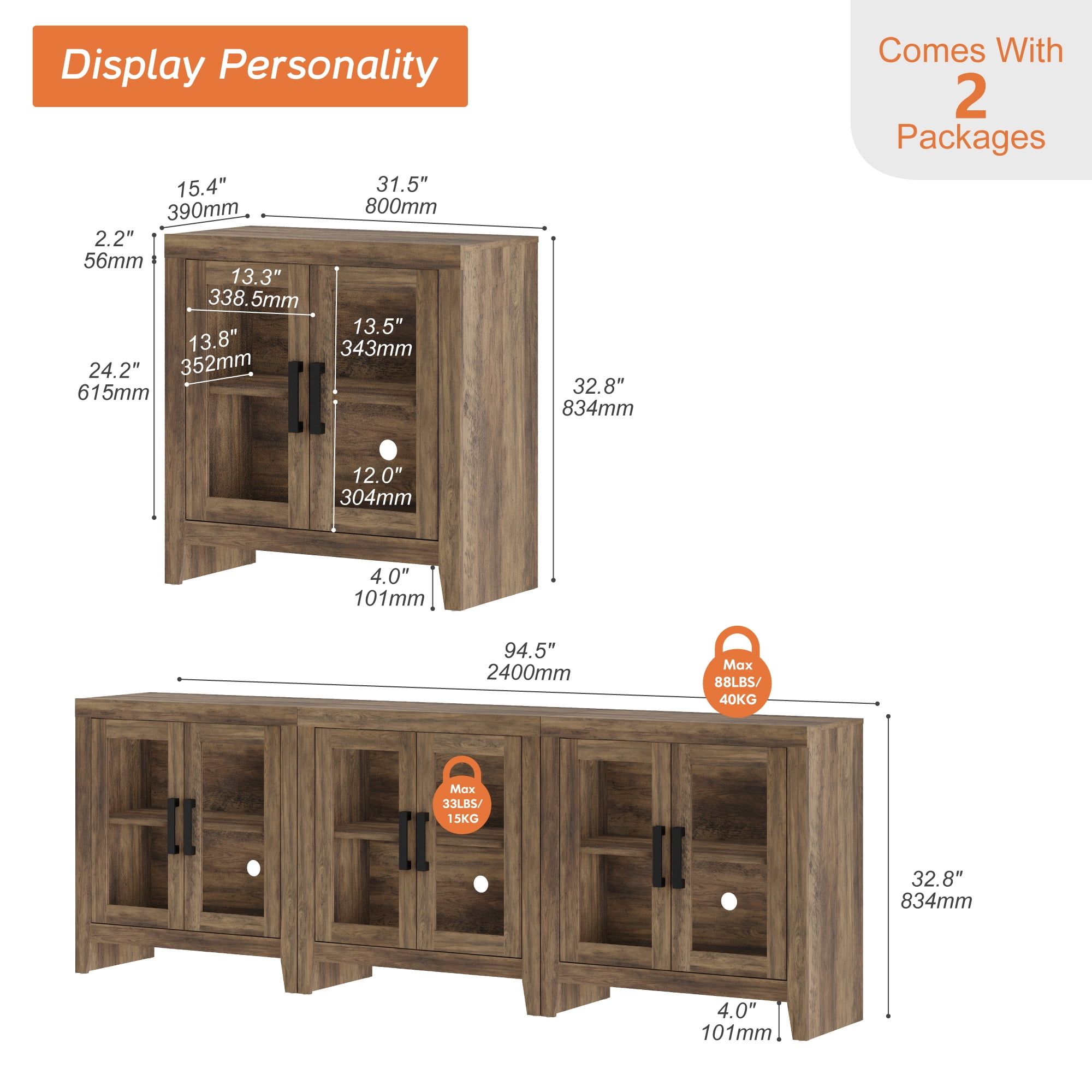 WAMPAT Modern Farmhouse TV Stand up to 100"TV, Entertainment Center with Tempered Glass Doors & Adjustable Shelves, Brown