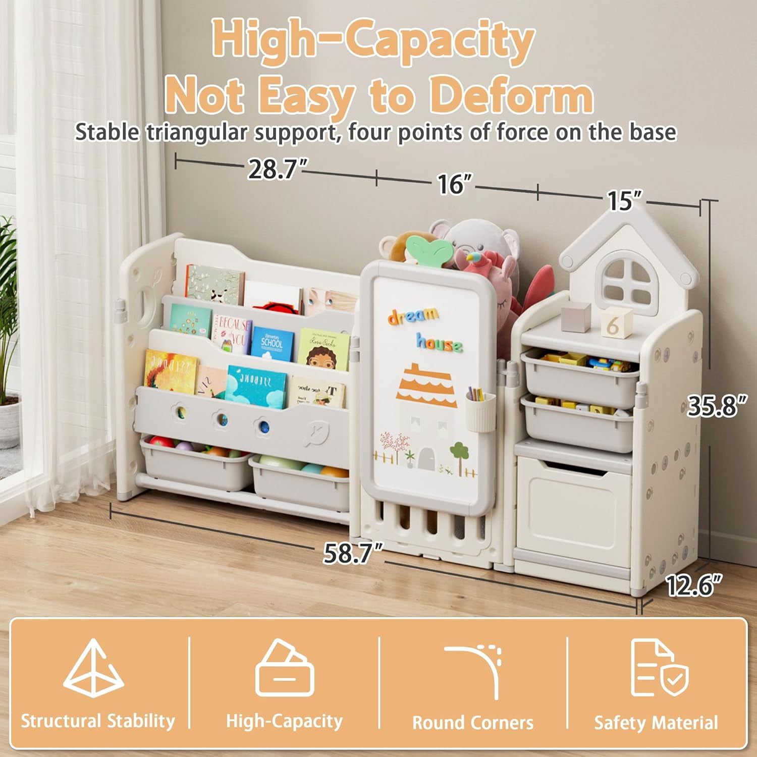 Kids Toy Storage Organizer with 10 Removable Bins, NEORIVER Foldable Toy Organizers and 3-Tier Bookshelf, White