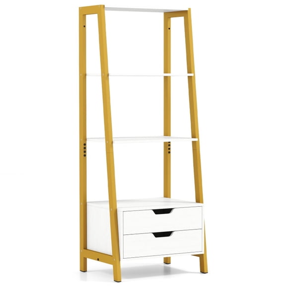 Furnibear 4-Tier Ladder Shelf with 2 Drawers 52.5 Inch Tall Freestanding Bookcase White, 20.5" x 15.5" x 52.5"