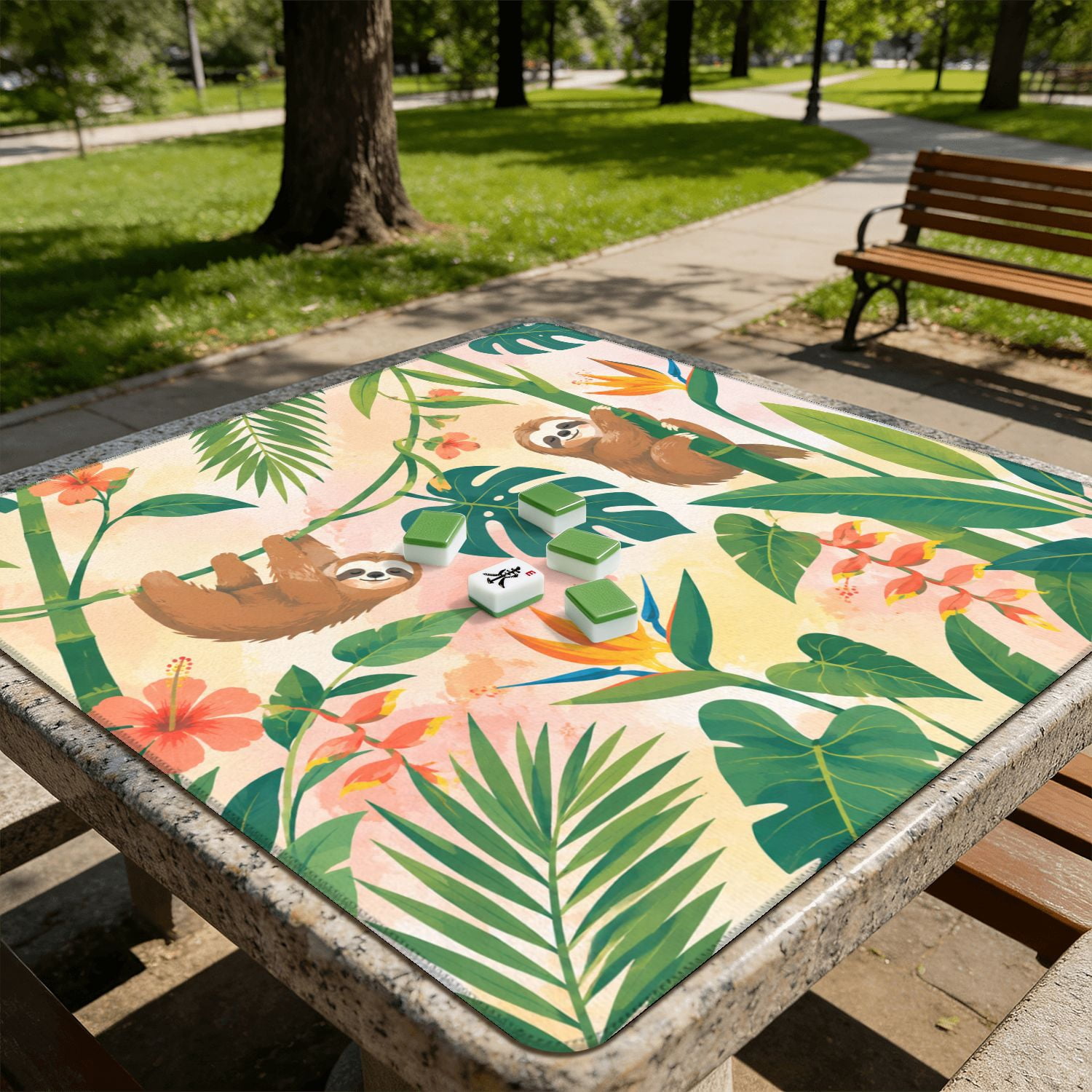 Mahjong Mat 31.5" x 31.5" Playful Lemurs Tropical Jungle Watercolor Palm Trees Flowers Non-Slip Noise Reduction American Mahjong Tiles Table Cover for Dominoes Poker Card Board Games Gift