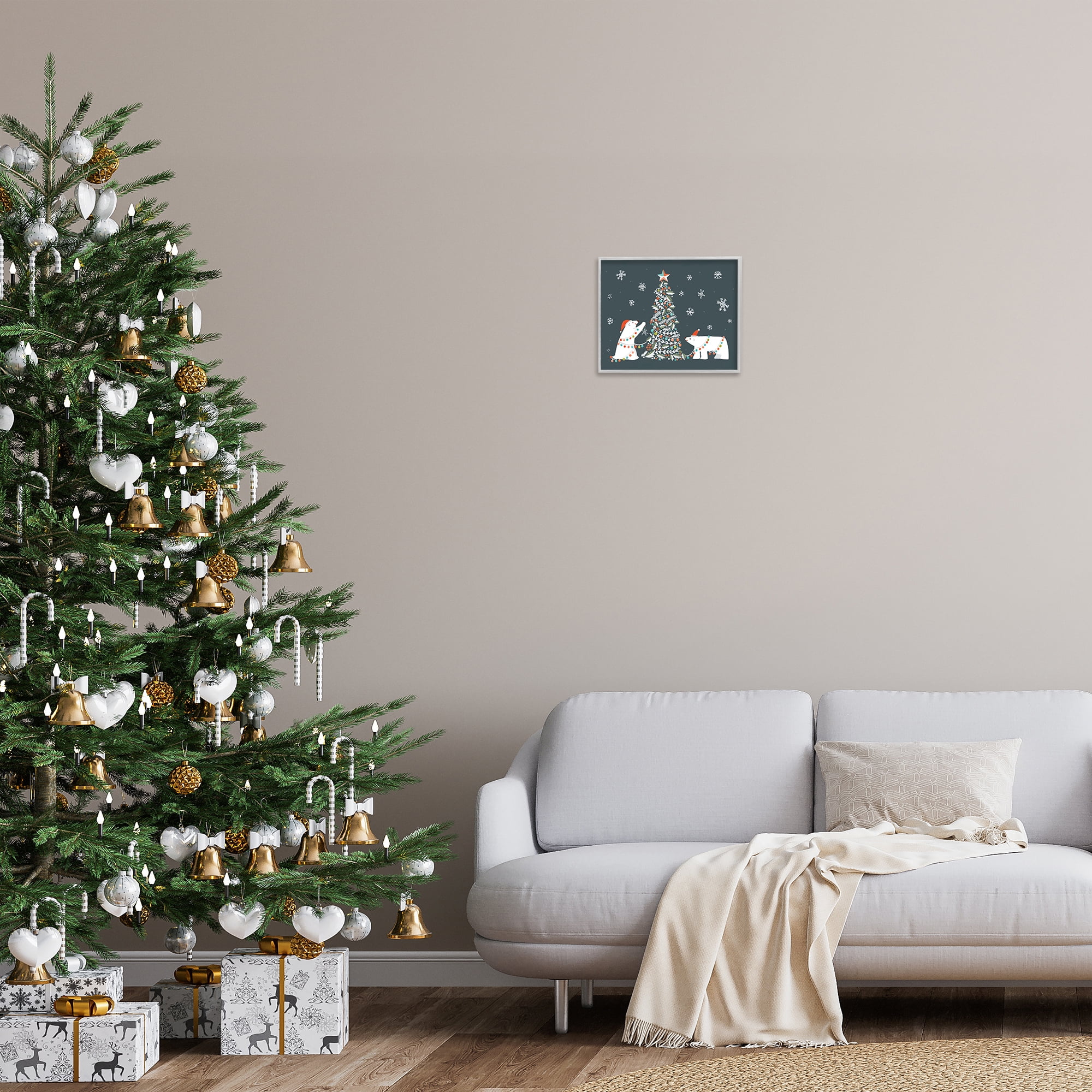 Stupell Industries Polar Bears with Christmas Tree Holiday Painting Gray Framed Art Prints Wall Art, 14 x 11