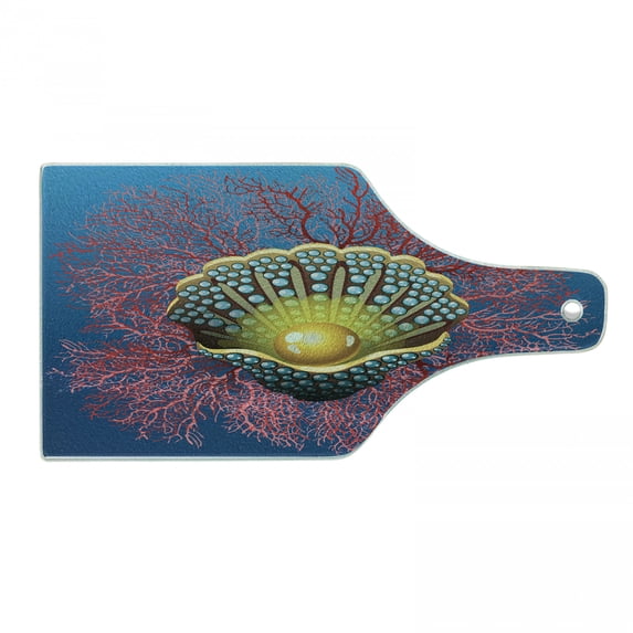 Pearls Cutting Board, Giant Majestic Unique Pearl Mussel and Ivy Coral Deep down in the Sea Art Print, Tempered Glass Cutting and Serving Board, Wine Bottle Shape, Blue Red Yellow, by Ambesonne