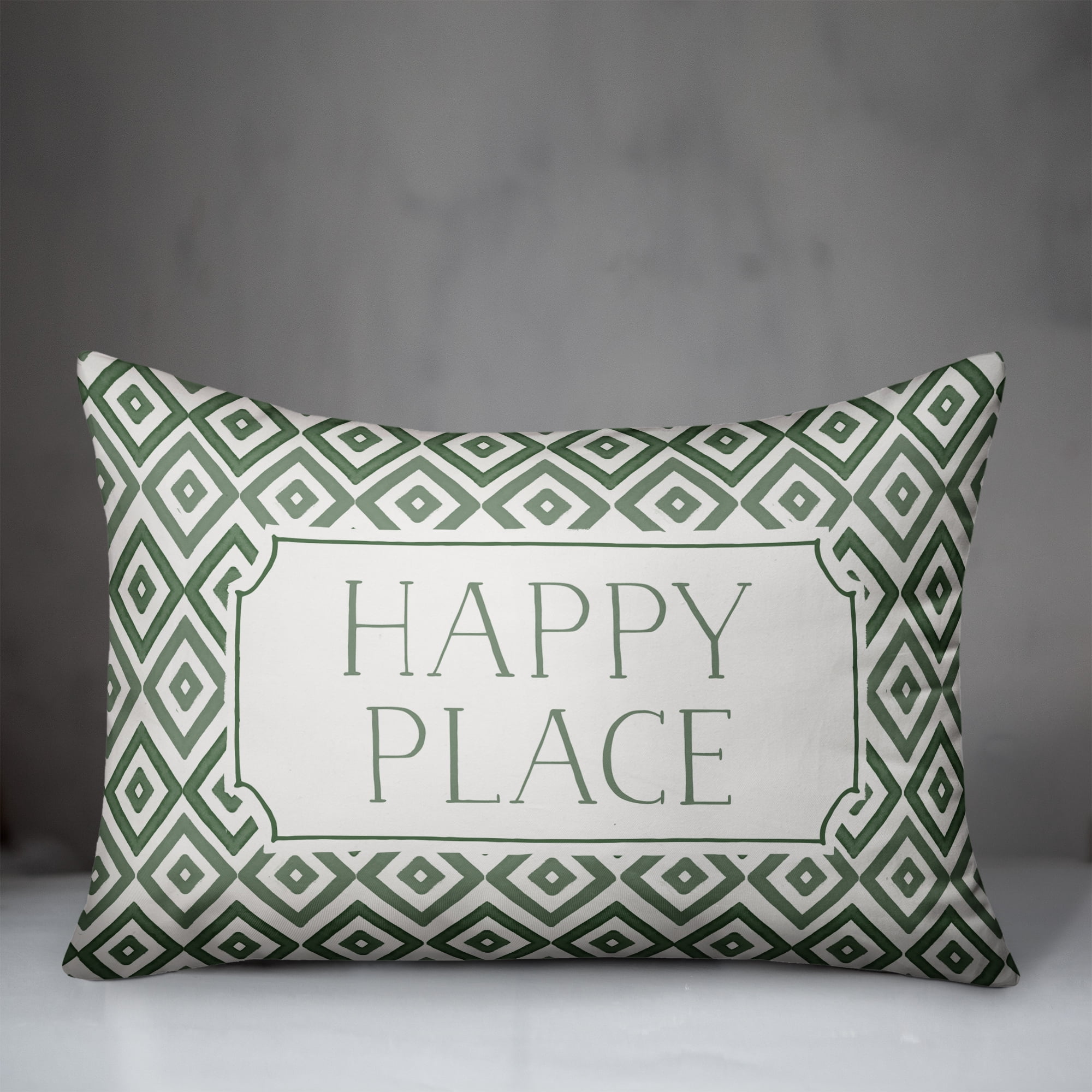 Creative Products Happy Place Green and White Tile Diamonds 14x20 Indoor / Outdoor Pillow