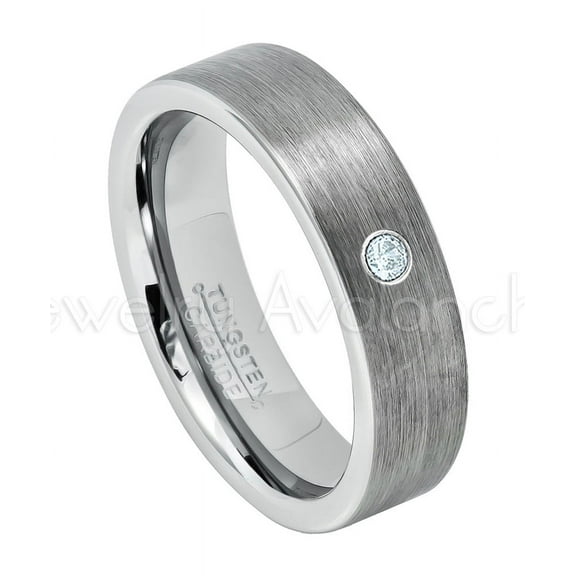 6mm Pipe Cut Tungsten Ring - 0.07ct Solitaire Aquamarine Ring - Personalized Tungsten Wedding Ring - Custom Made March Birthstone Ring TN019BS