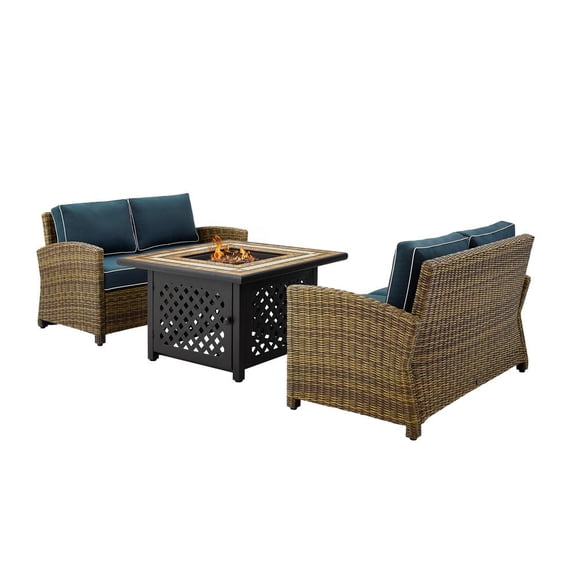 Crosley Furniture Bradenton 3Pc Metal Patio Fire Pit Sofa Set in Brown and Navy