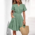 thumbnail image 6 of cocolona Womens Short Sleeve V-Neck Elastic Waist Dresses Summer Casual Solid Color Pleated Mini Dress Vacation Beach Sun Dress, 6 of 7