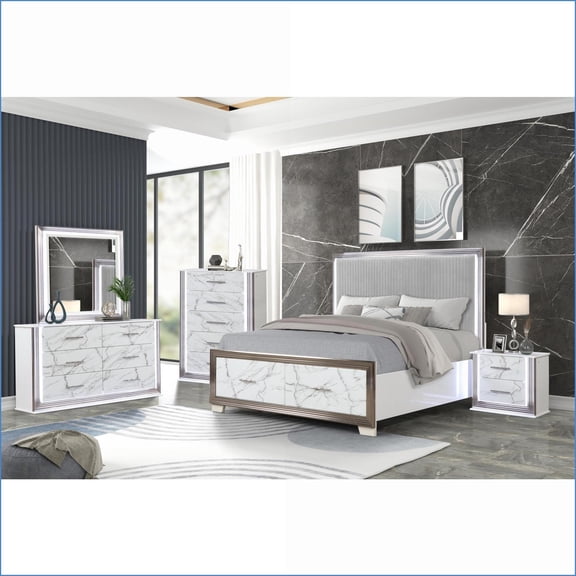 Queen Bedroom Set 5-Piece Modern White & Marble with LED Lighting, Storage | Wood | Standard Beds