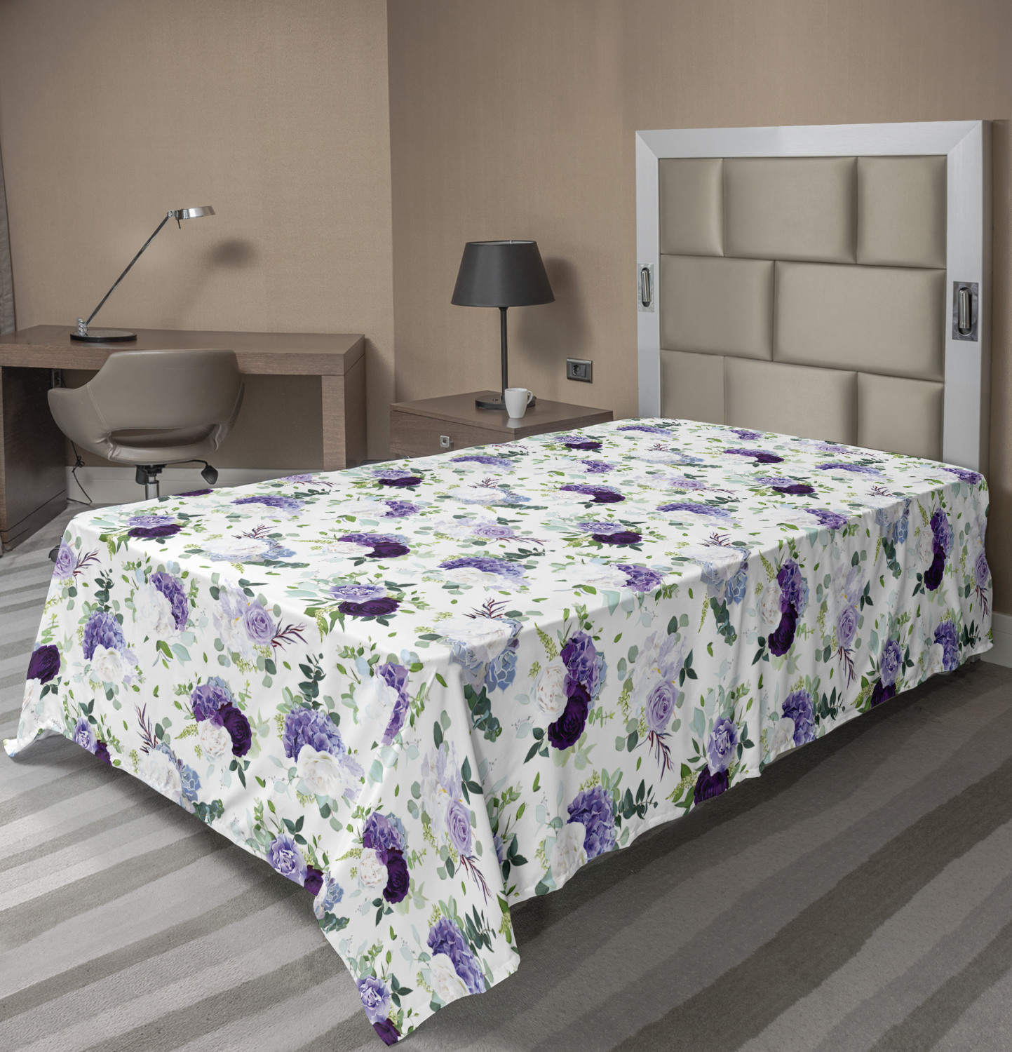 Floral Flat Sheet, Repetitive Lilac Tones Flowers Hydrangea Rose Print