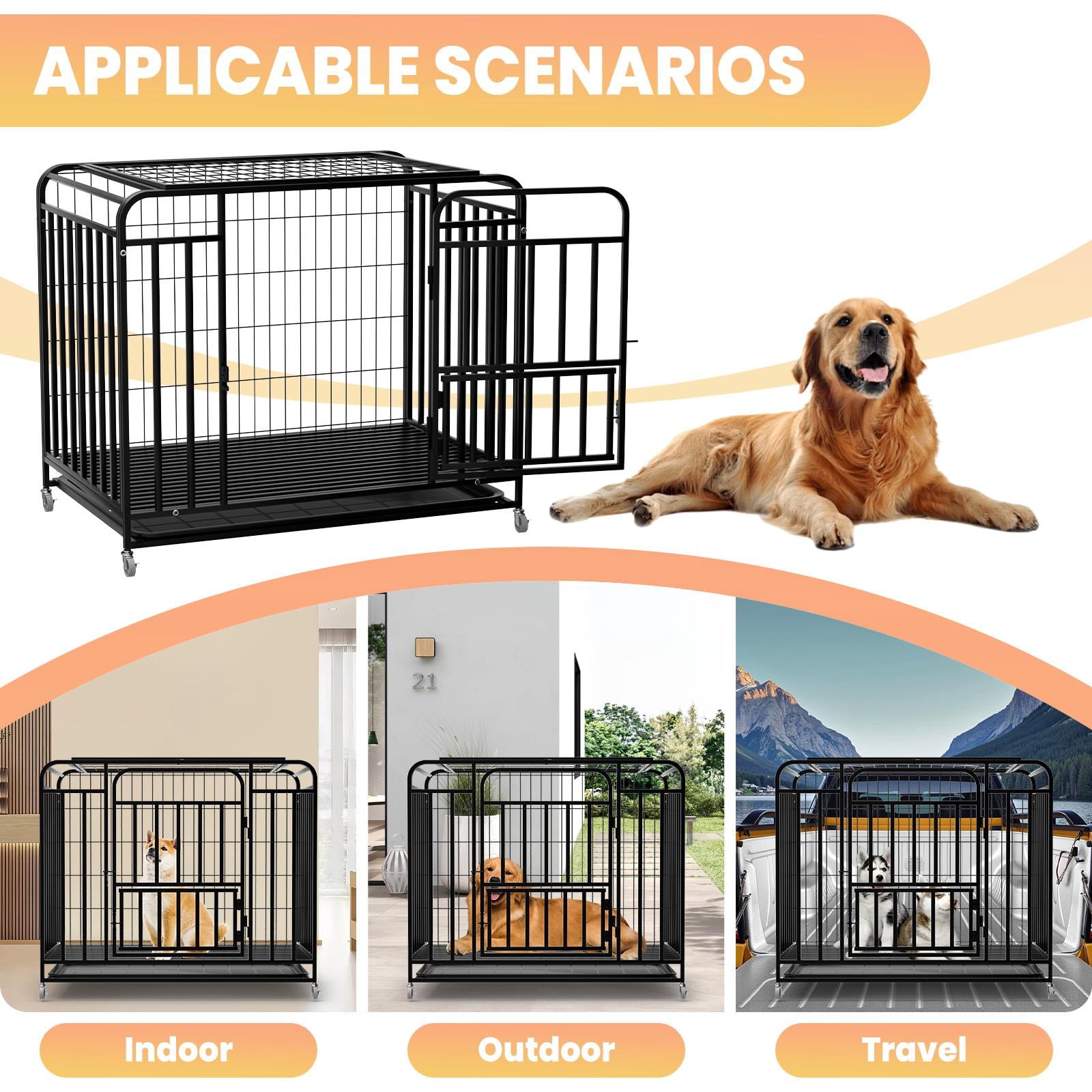 QUHEE 38 inch Sturdy Black Metal Dog Crate with Removable Tray and Lockable Wheels, Pet Kennel for Small and Medium Dogs Indoor Outdoor Use