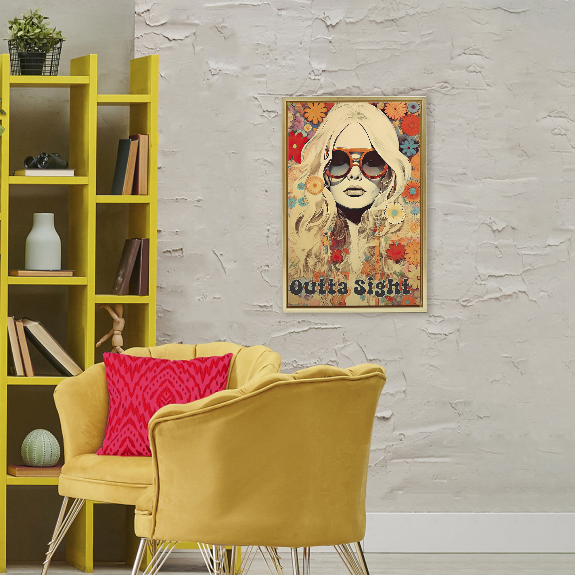 Outta Sight Hippie Girl Gold Framed Floater Canvas Wall Art, design by Sasha