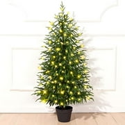 BESTSKY 2026 New 4Ft Christmas Tree with Lights,Real Touch Norfolk Pine Tree,Artificial Cypress Christmas Tree Potted,Xmas Tree for Indoor Outdoor Home Front Porch Christmas Decorations