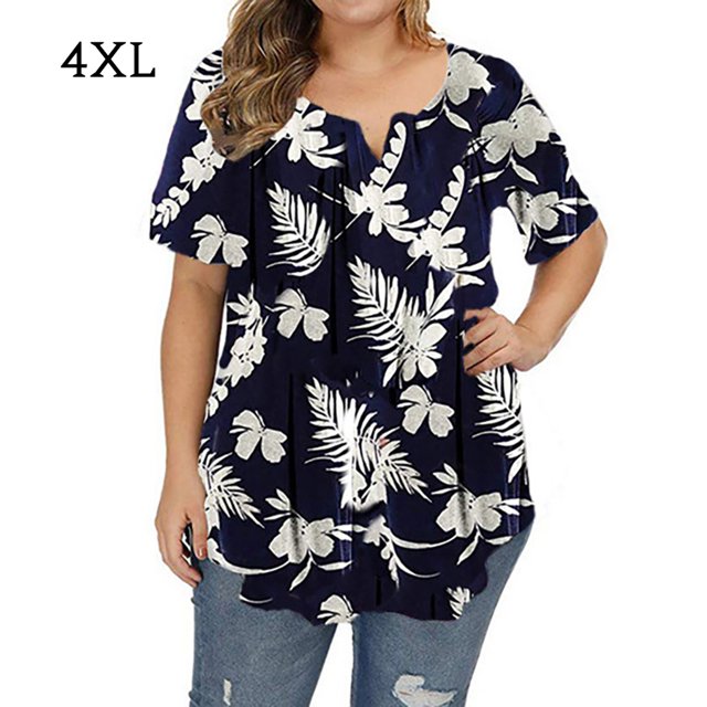 Camisa de mujer Camiseta de manga corta con estampado floral Blusa con cuello en V, Azul, 4XL Speravity AP002466-39