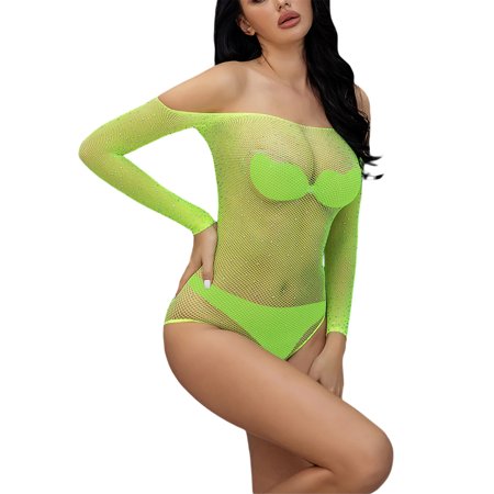 

SUNSIOM Sexy Lingerie for Women Shiny Rhinestone Long Sleeve Off Shoulder Fishnet Erotic Bodysuit One Piece Jumpsuit Underwear