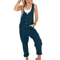 thumbnail image 2 of ZQGJB Womens Cotton Linen Overalls Casual Solid Color Baggy Jumper Loose Fit Adjustable Straps Button Up Jumpsuits with Pockets Dark Blue S, 2 of 9