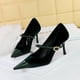 thumbnail image 2 of Zapatos de tacón alto para banquetes de mujer con superficie de gamuza fina, tacones medios, boca baja, empalme, punta puntiaguda, bombas rectas para bodas, 2 of 5