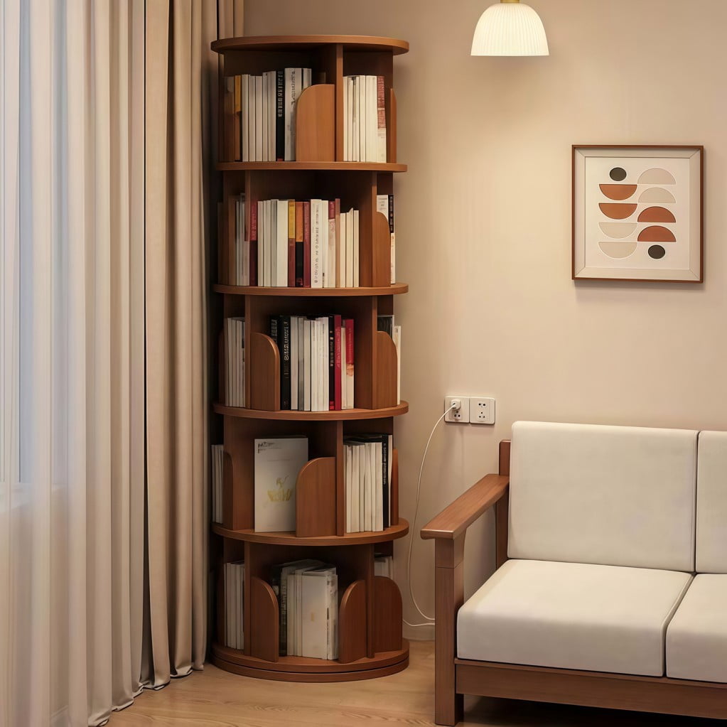 5-Tier Rotating Bookshelf, 360° Spinning Bookcase Tower, Space-Saving Round Display Shelf for Books, Magazines & Decor, Small Space Organizer for Bedroom, Living Room & Office, Walnut