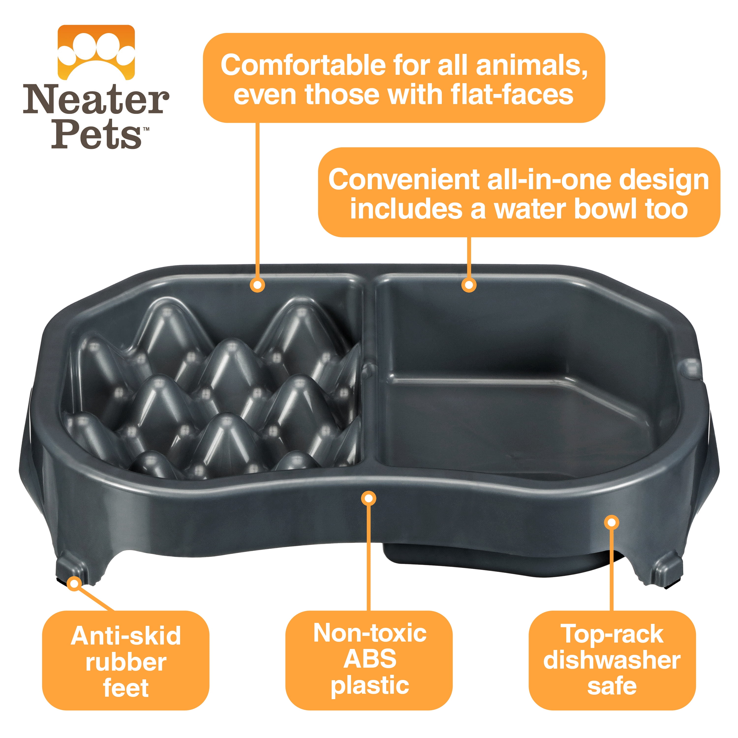 Neater Pet Brands Neater Slow Feeder Double Diner Food and Water Bowl - Improves Digestion, Stops Obesity, and Slows Down Eating, Gunmetal