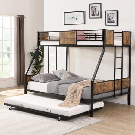 Metal Twin over Full Bunk Bed with Trundle and 2-Side Ladder Black / Brown