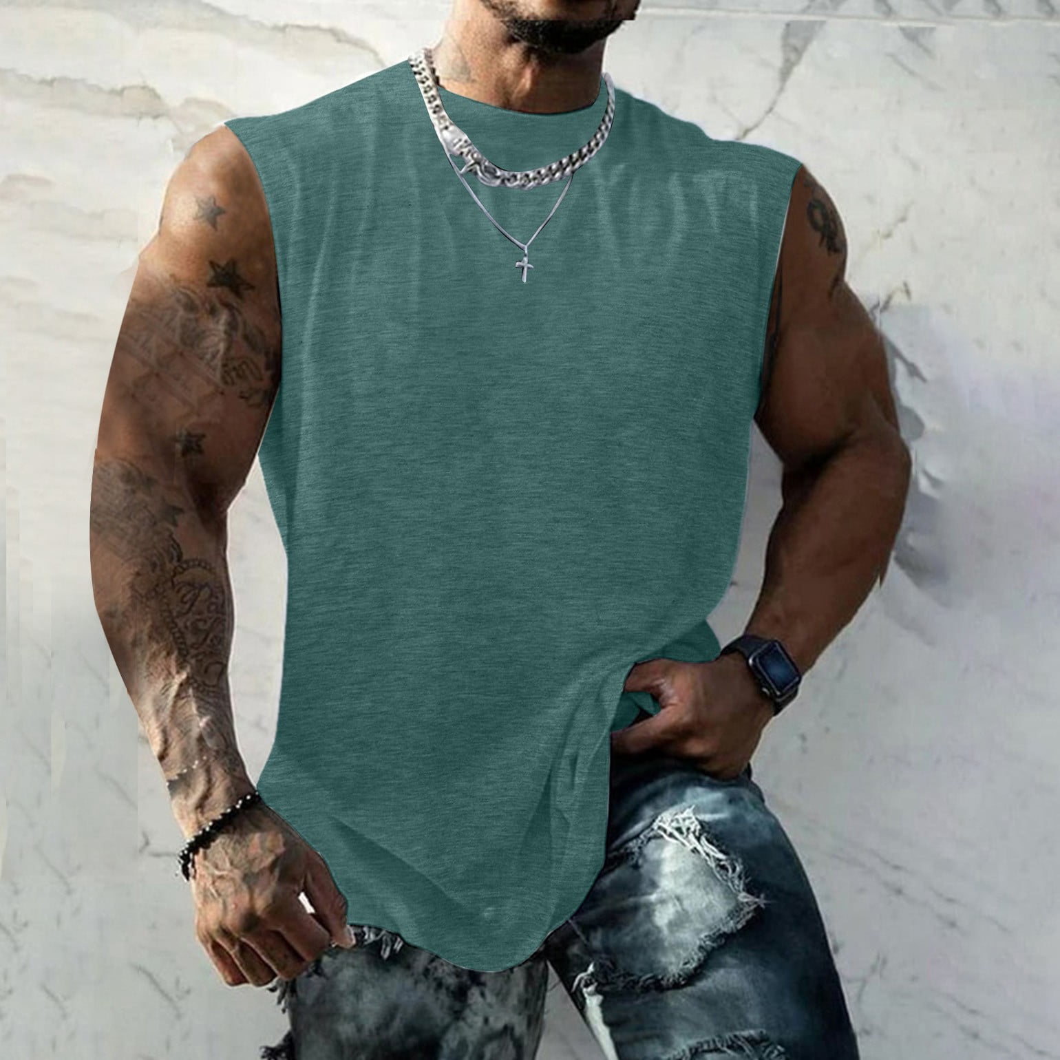 PMVFHDE Men's Sleeveless Shirt Summer Fitness Broad Shoulder Casual Loose Running Vest for Sports Gym Training