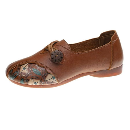 

Wesracia Womens Shoes Ethnic Style Small Leather Shoes Flat Flower Print Retro Single Shoes Casual Shoes