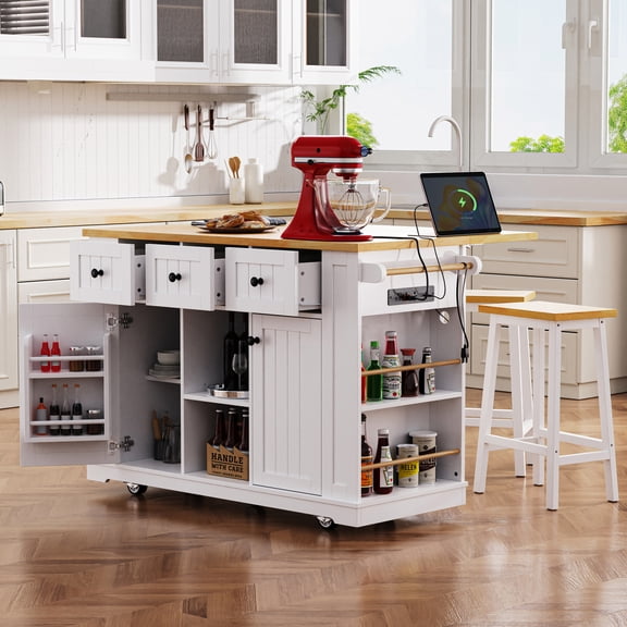 Harper & Bright Designs Large Kitchen Island with 2 Bar Stools and Power Outlet, Kitchen Storage Cart on 5 Wheels with Drop Leaf and Door Internal Storage Rack & 3 Drawers, White