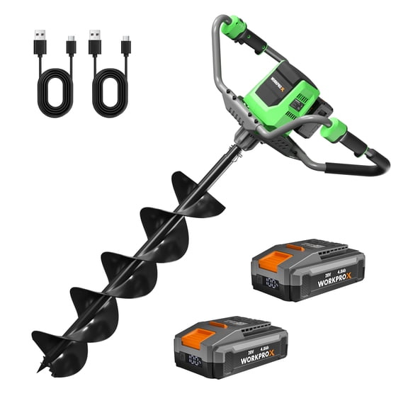 WORKPROX 40V Electric Cordless Earth Auger, 8" Post Hole Digger with 2-Speed & Reverse, Brushless Motor, 2 Batteries Included, for Fence Posts & Planting